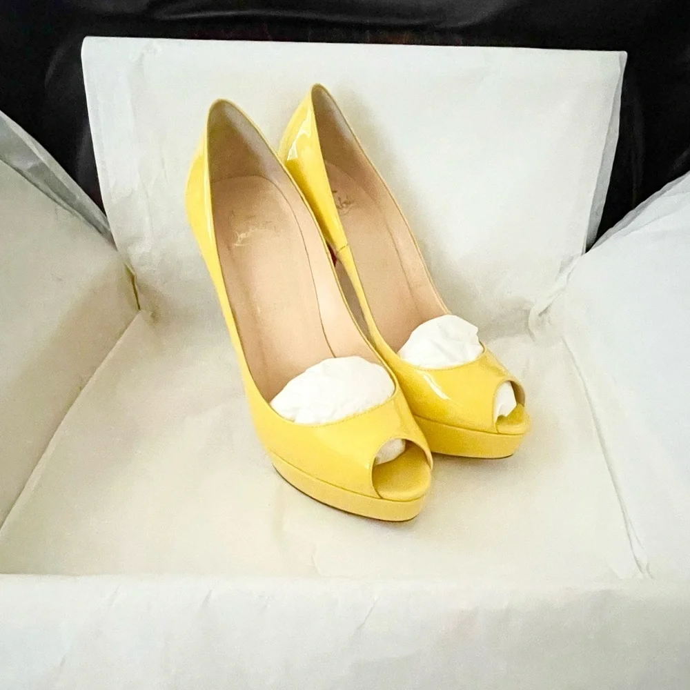 Christian Louboutin ladypeep 140 glossy patent leather yellow peeptoe pumps 38.5